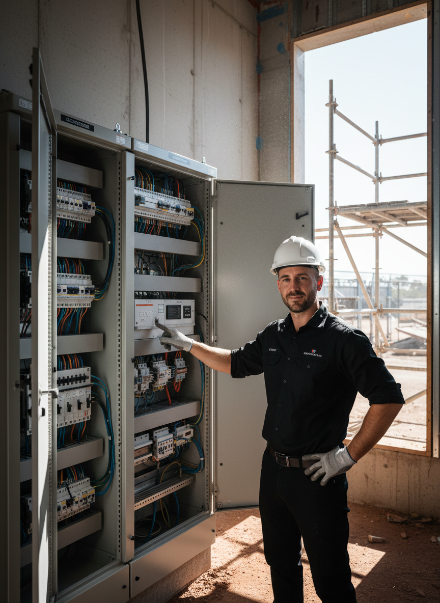 Main Electrical electrician inspecting a switchboard on site