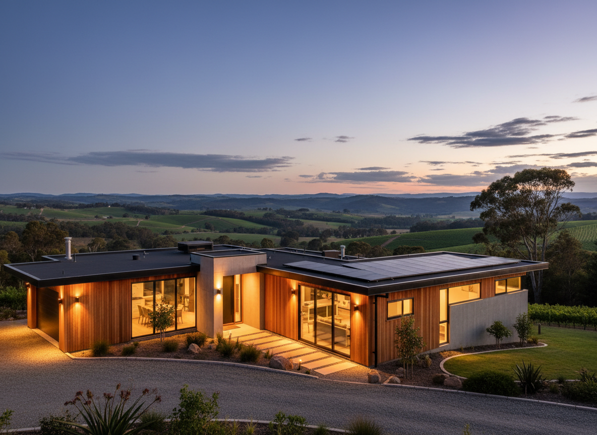 Residential home with outdoor lighting and rooftop solar