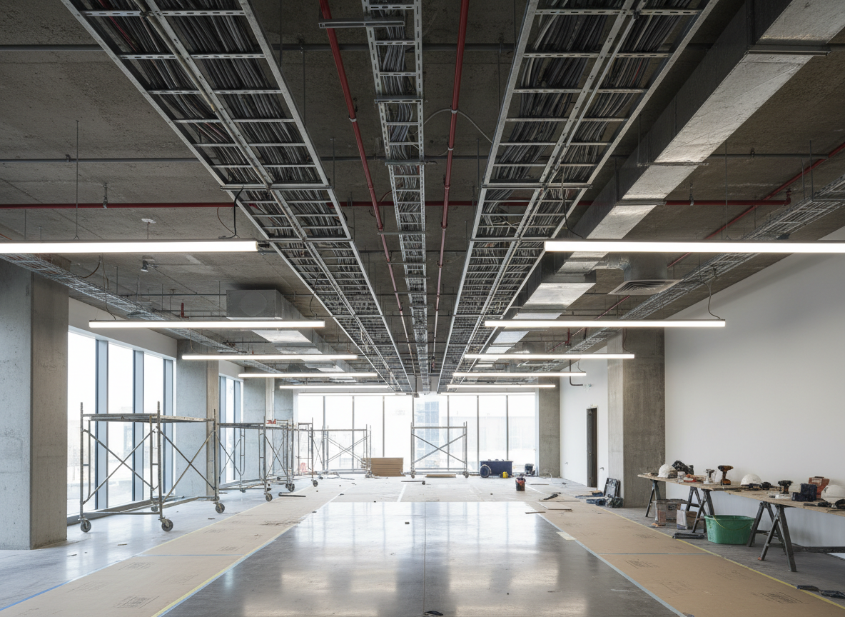 Commercial fit-out with cable trays and new LED lighting