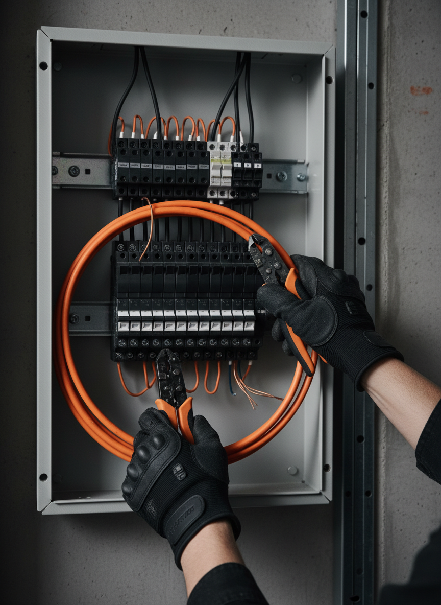 Electrician working on a circuit breaker panel